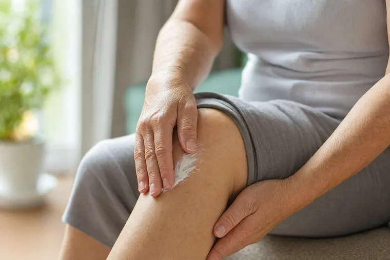Manos aplicando crema blanca sobre la rodilla con masaje circular, técnica correcta de aplicación de Fleko