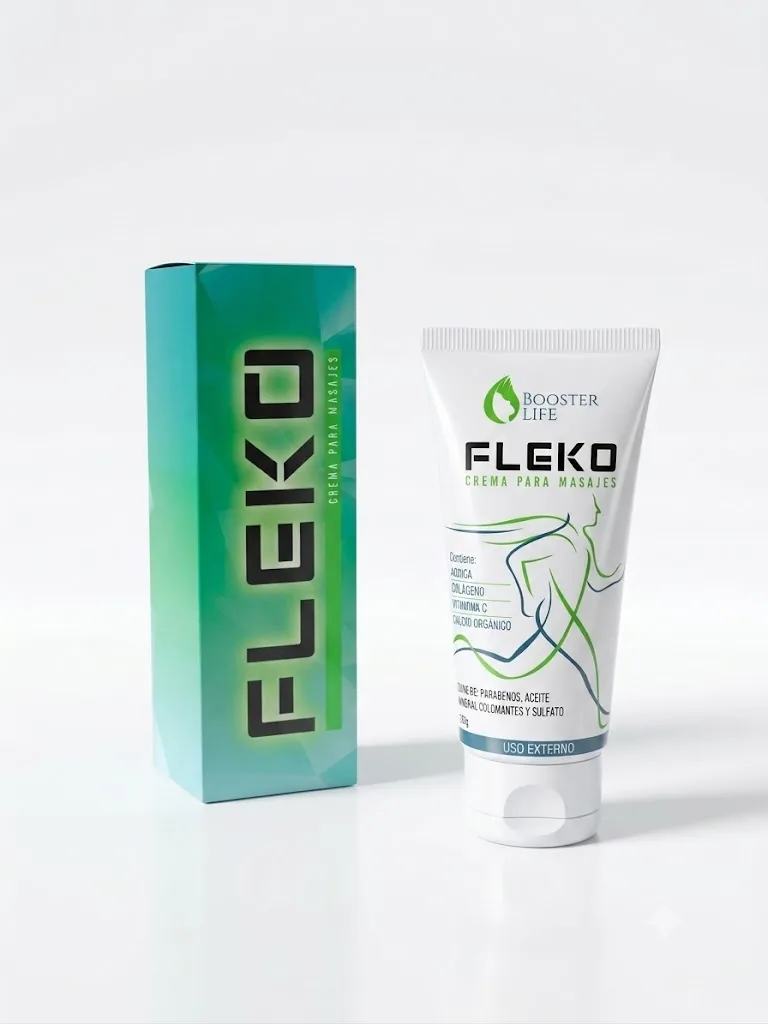 Caja verde y tubo blanco de Fleko crema para masajes de Booster Life, presentación oficial de 80 g