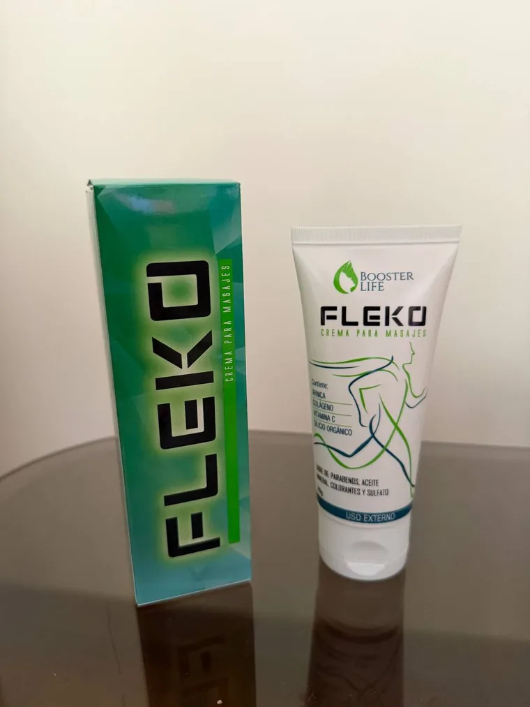 Tubo y caja de Fleko crema para masajes de 80 g, foto real del producto que se entrega en Perú