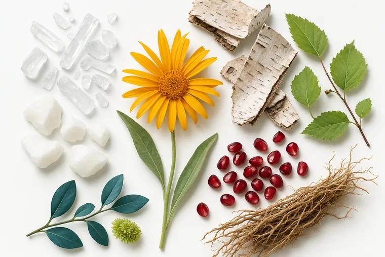 Ingredientes de Fleko: flor de árnica montana, cristales de mentol, alcanfor, corteza de abedul dulce, semilla de granada y raíz de vetiver