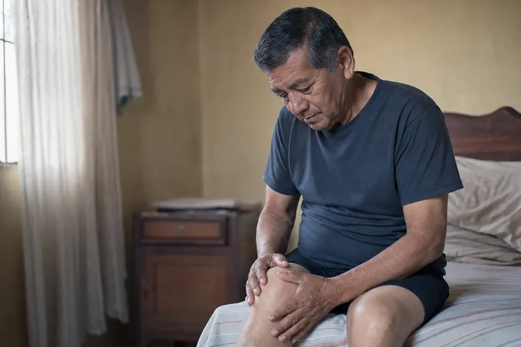 Hombre de 60 años sentado en el borde de la cama flexionando la rodilla por rigidez matinal